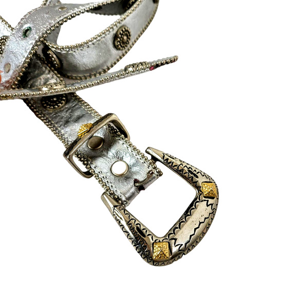 Silver Vintage 80's 90's Silver Gold Studded embellished 46 Inch Belt Large #599 - Picture 3 of 6